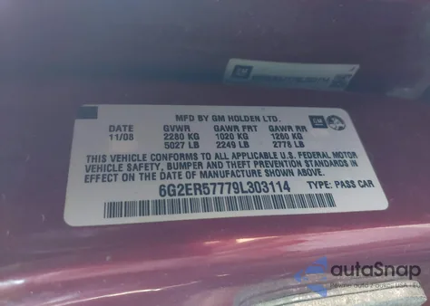 2009 Pontiac G8 z USA, uszkodzony, nr VIN 6G2ER57779L303114